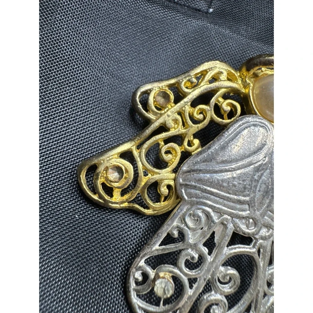 Vtg Large Silver & Gold Tone Filigree Angel Brooch Pin Rhinestones & Faux Pearl